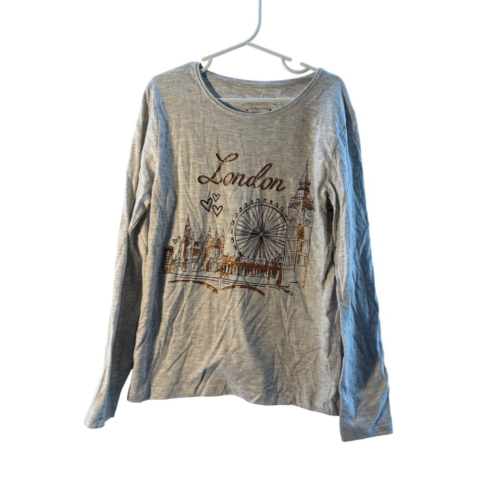 Primark Kids Long Sleeve‎ T Shirt London Big Ben Eiffel Tower Print Grey 9 10 Y